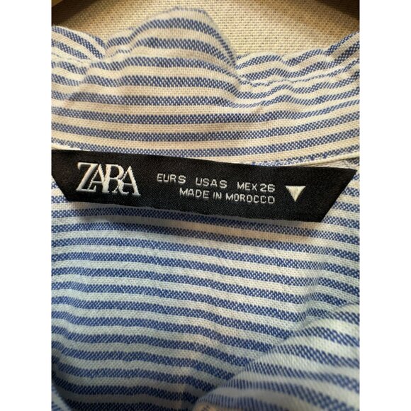 Zara Womens Shirt Blouse Button Down Sz S White Blue Striped Balloon Half Sleeve - Picture 3 of 10